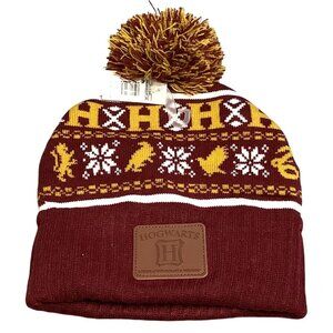 Harry Potter Hogwarts Knit Beanie Hat House Gryffindor Crest With Pom Pom Adult
